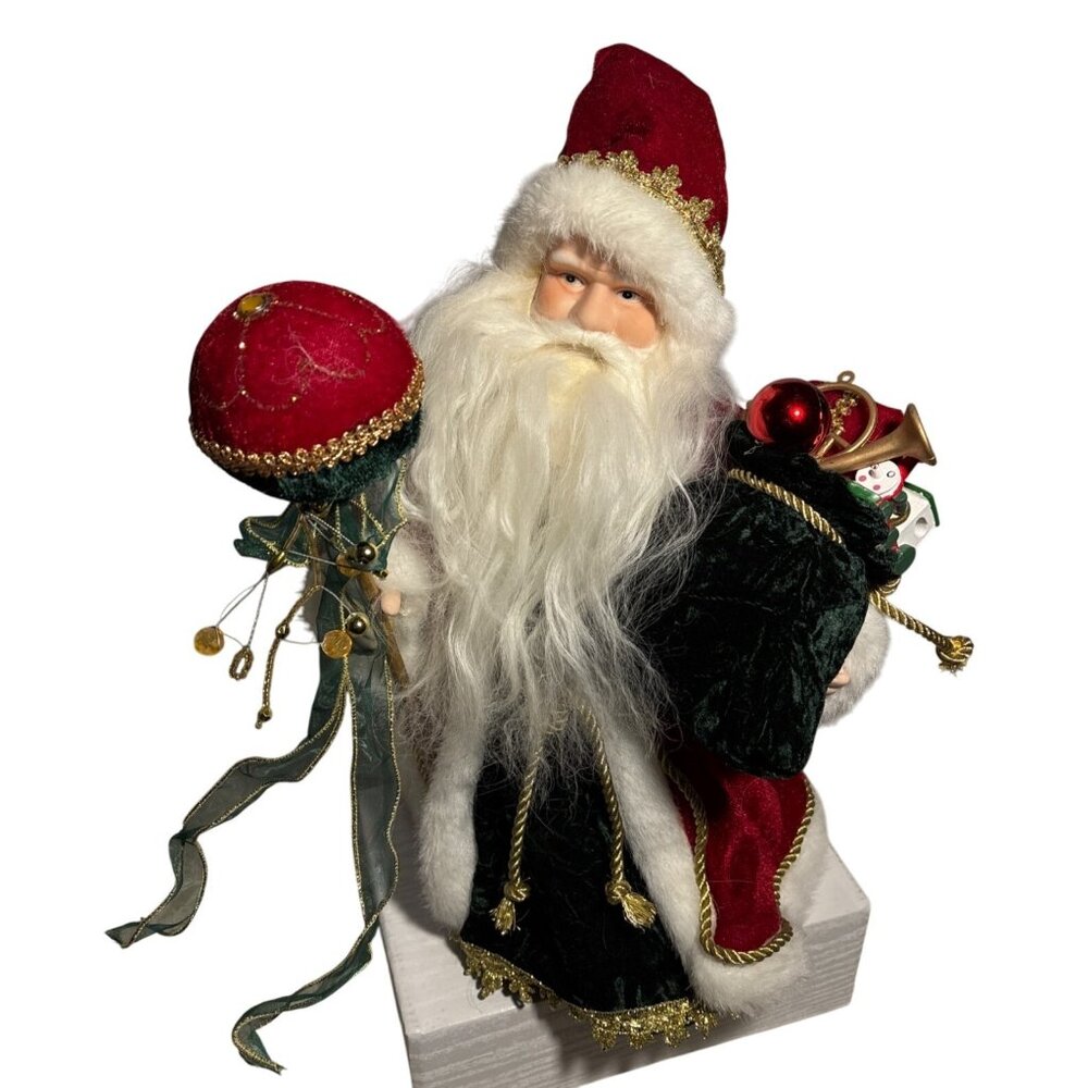 Santa Claus Tree Topper Figurine 14" Velvet Red & Green Gold Toy Bag Ornaments